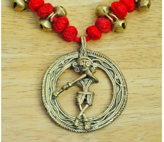 Ethnic Handcrafted Red Threaded Dokra Necklace - Krishna - ArtisanSoul