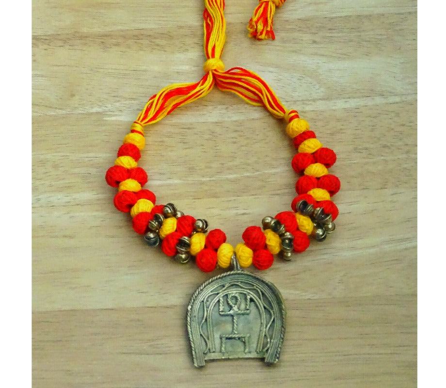Ethnic Handcrafted Red & Yellow Threaded Dokra Necklace - Kulo Design Pendant - ArtisanSoul