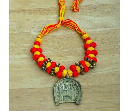 Ethnic Handcrafted Red & Yellow Threaded Dokra Necklace - Kulo Design Pendant - ArtisanSoul