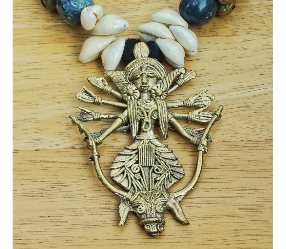Ethnic Handcrafted Black Threaded Dokra Necklace - Durga Pendant - ArtisanSoul
