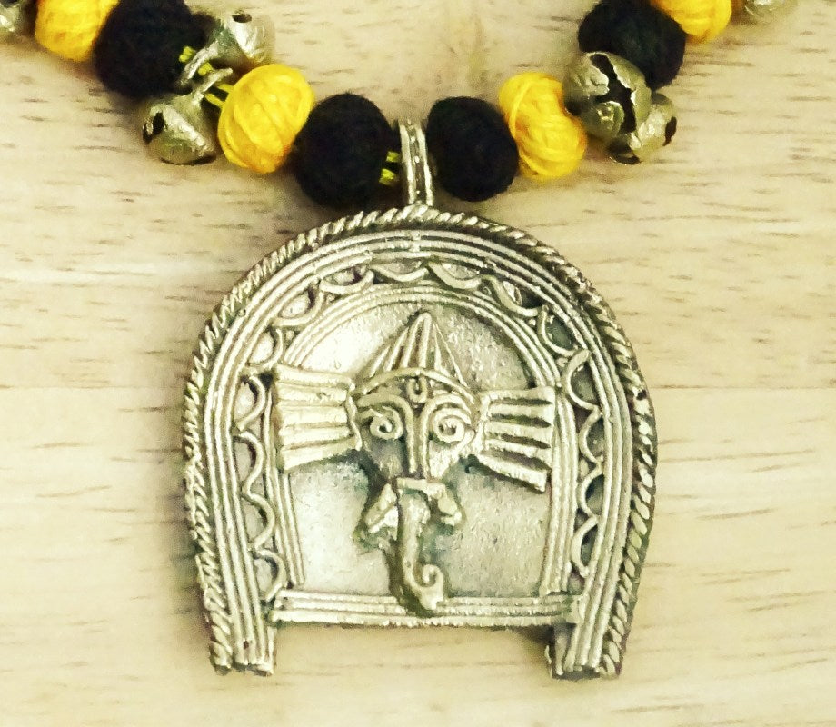 Ethnic Handcrafted Black & Yellow Threaded Dokra Necklace - Ganesh - ArtisanSoul