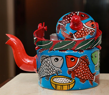 Pattachitra art on Aluminum Kettle - Fish with bowl - ArtisanSoul