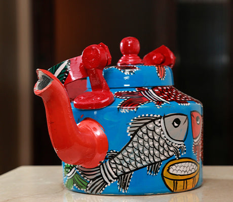 Pattachitra art on Aluminum Kettle - Fish with bowl - ArtisanSoul