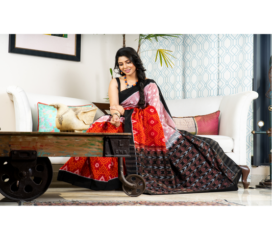 Sambalpuri Saree - Pure Cotton - Red Black & Pink - ArtisanSoul