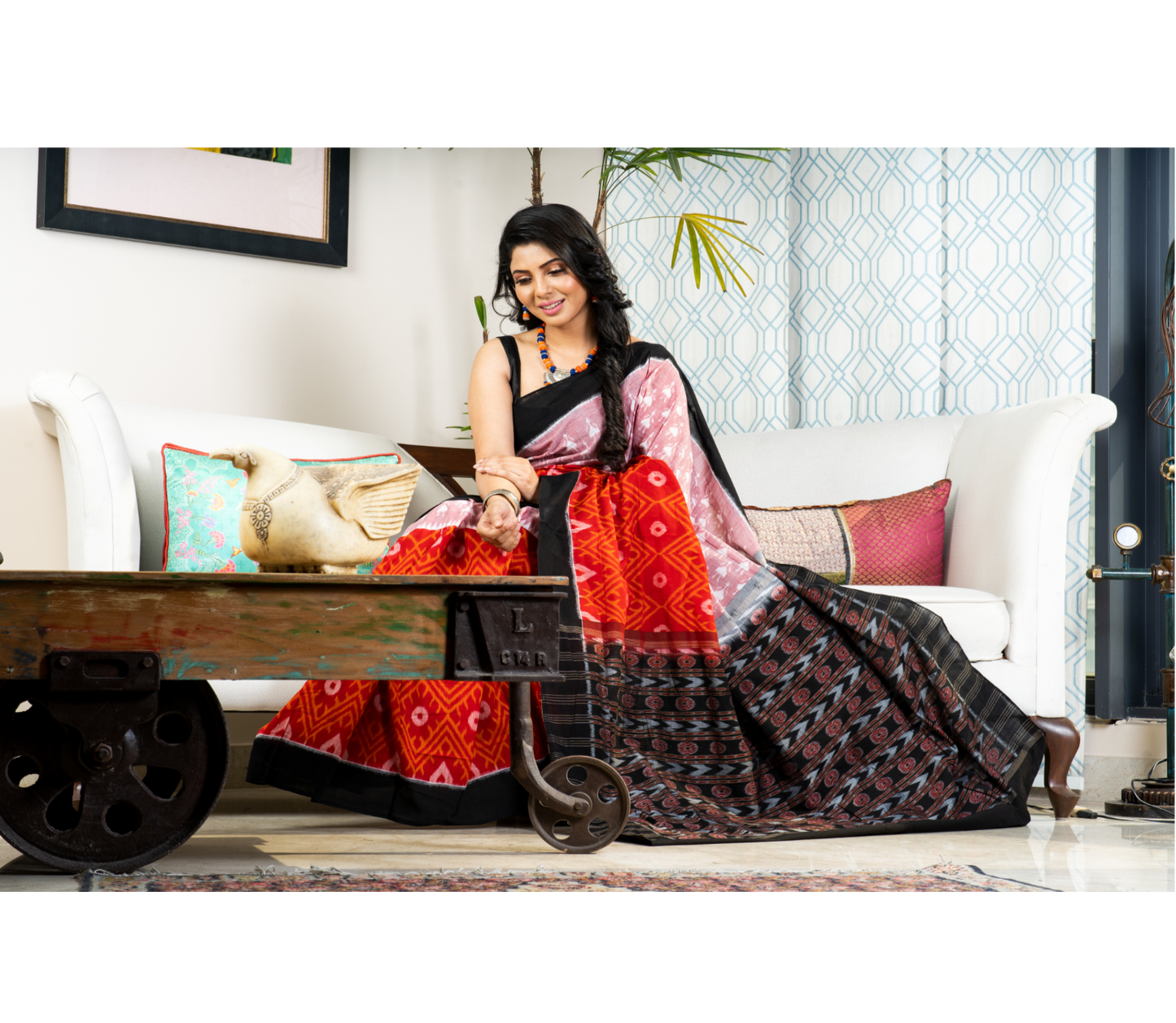 Sambalpuri Saree - Pure Cotton - Red and Black - ArtisanSoul