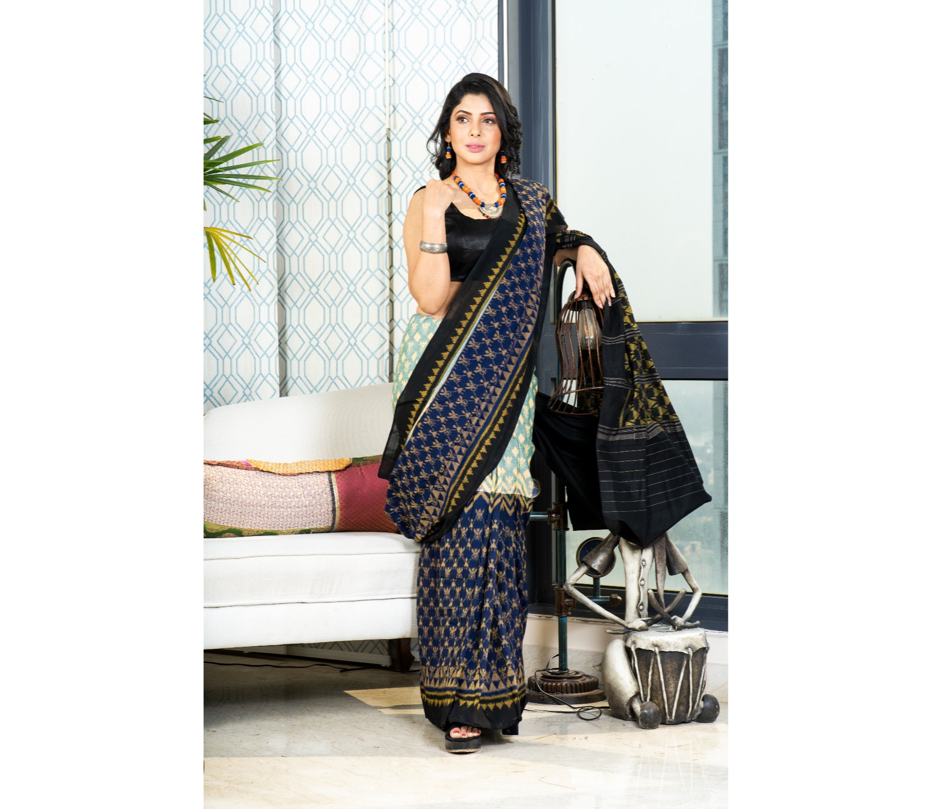 Sambalpuri Saree - Pure Cotton - Blue and Black - ArtisanSoul