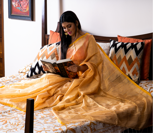 Handloom Saree With Chumki Work - Vanilla - ArtisanSoul