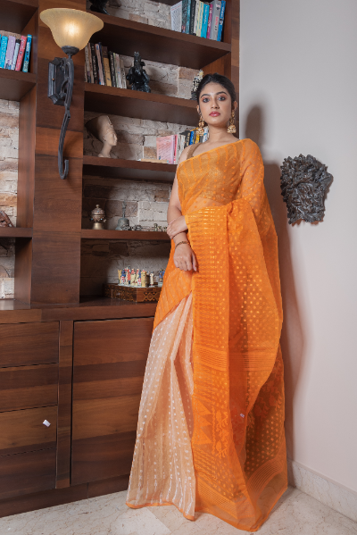 Handloom Jamdani All Body Work in Magnificent Orange Color - ArtisanSoul