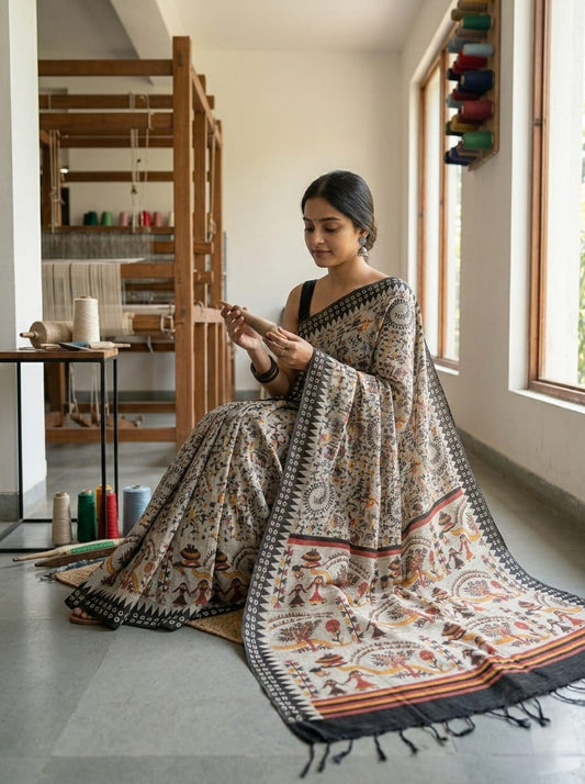 Grace meets heritage in this elegant Beige Cream Madhubani Print Saree. The soft neutral base beautifully highlights the intricate folk-inspired motifs spread across the body,