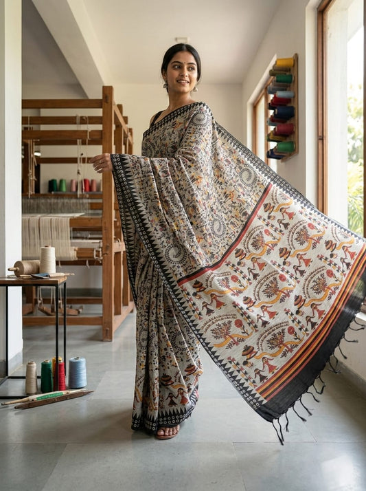 race meets heritage in this elegant Beige Cream Madhubani Print Saree. The soft neutral base beautifully highlights the intricate folk-inspired motifs spread across the body,
