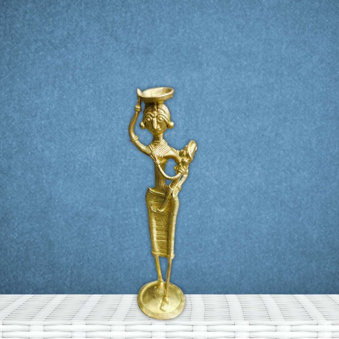 Handmade Dokra Brass Figurine of Tribal Farmer Lady Holding Child – Indian Folk Art Sculpture