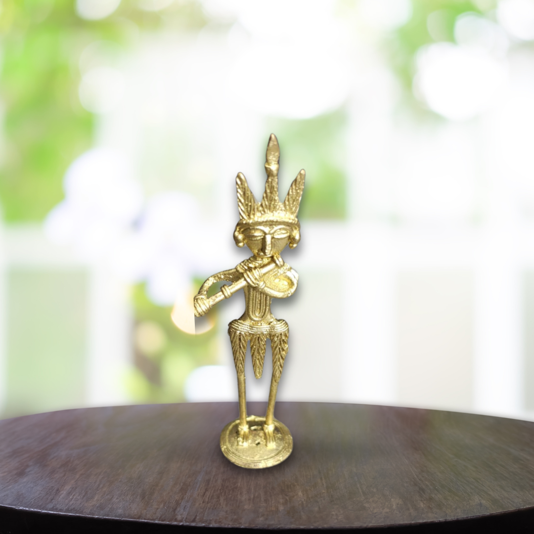 Handmade Dokra Brass Krishna Idol Playing Flute – Tribal Indian Figurine for Spiritual Decor