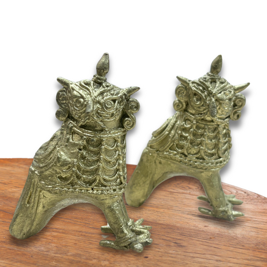 Handmade Dokra Brass Owl Figurines – Tribal Guardian Owl Pair for Rustic Indian Home Decor