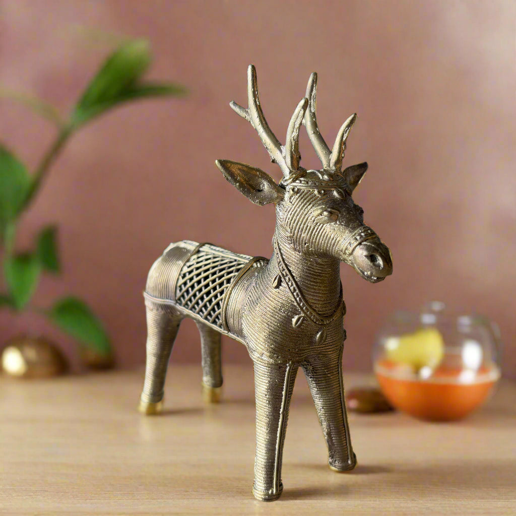 Extra Large Brass Deer Figurines – Dokra Handmade Pair from Odisha - ArtisanSoul