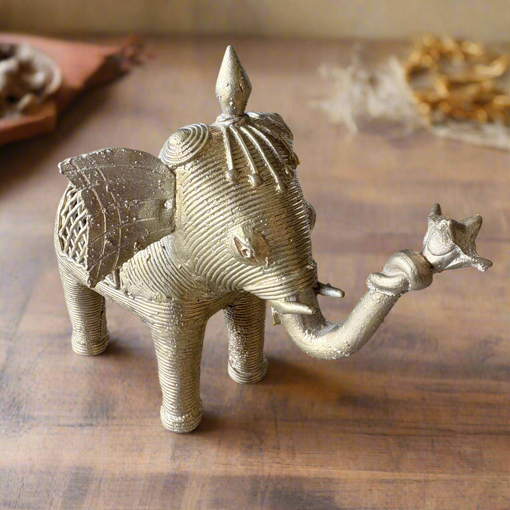 Handcrafted extra large Dokra brass elephant pair from Dhenkanal, Odisha – traditional tribal art sculpture