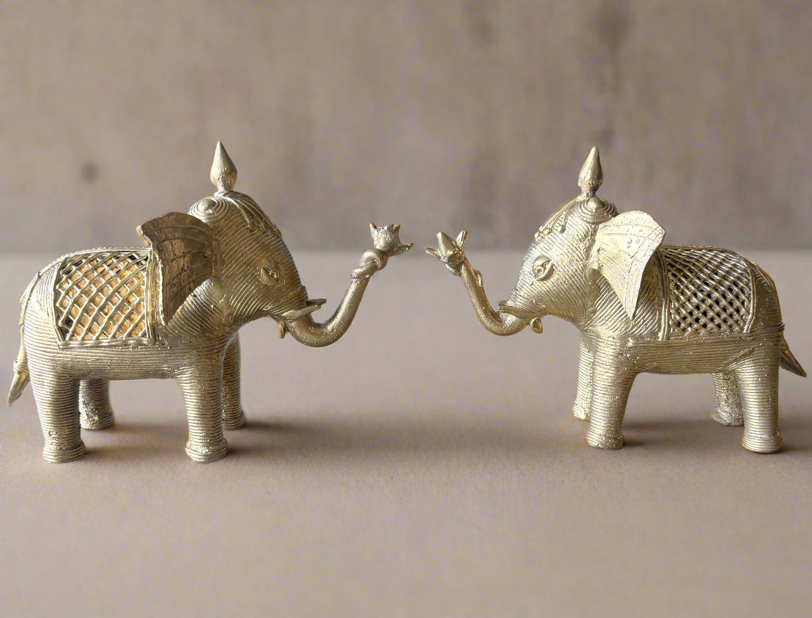 Handcrafted extra large Dokra brass elephant pair from Dhenkanal, Odisha – traditional tribal art sculpture