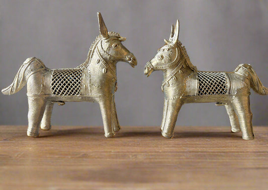 Extra large handcrafted brass horse figurine pair in Dokra tribal style from Dhenkanal, Odisha