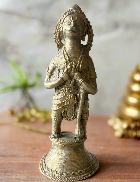 Handmade brass Hanuman idol with Ram-Sita on chest – traditional Dokra art from Dhenkanal, Odisha