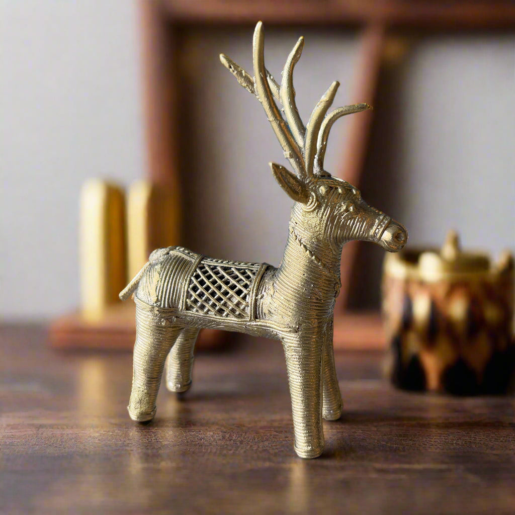 Large handcrafted brass deer pair in traditional Dokra art style from Dhenkanal, Odisha