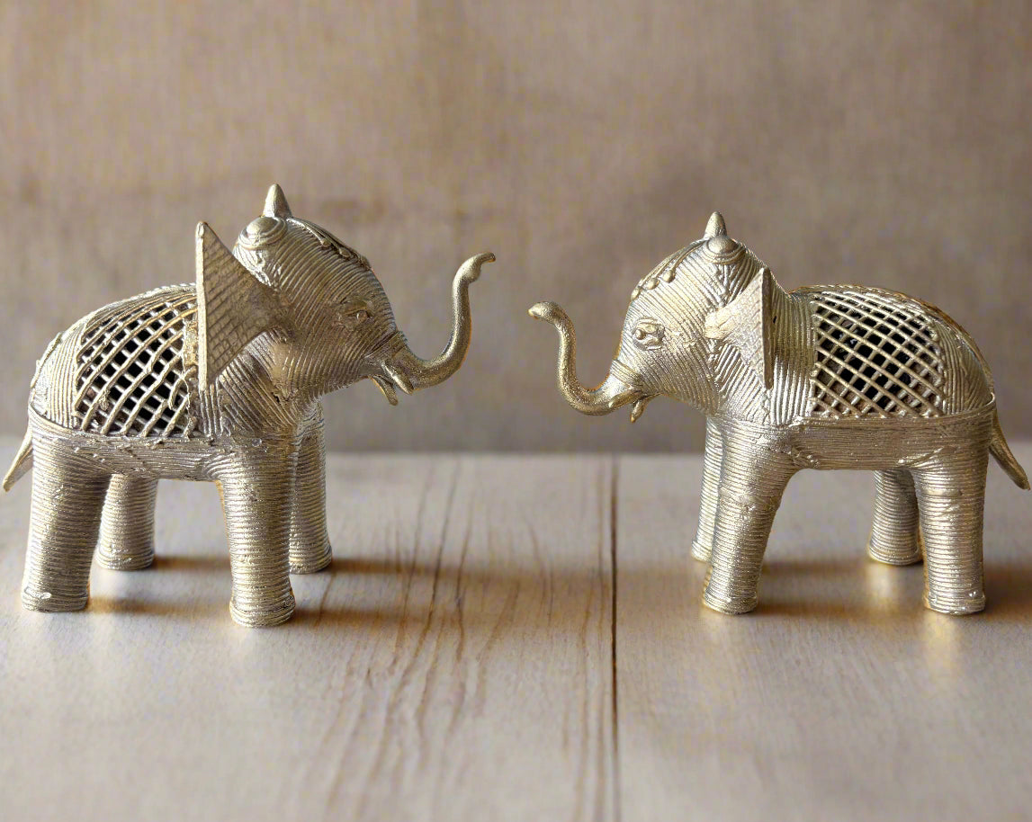 Large handcrafted brass elephant pair in traditional Dokra art from Dhenkanal, Odisha