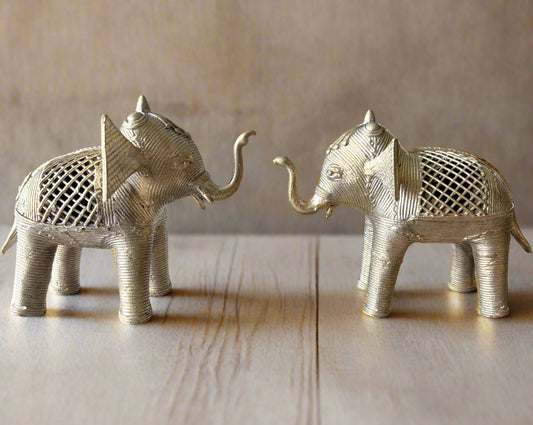 Large handcrafted brass elephant pair in traditional Dokra art from Dhenkanal, Odisha