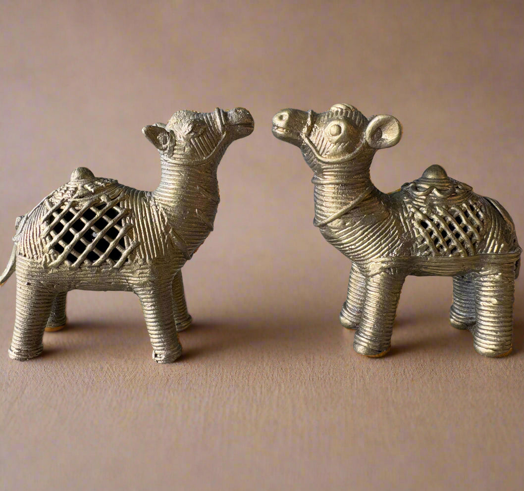 Pair of small handcrafted Dokra brass camel figurines made in Dhenkanal, Odisha