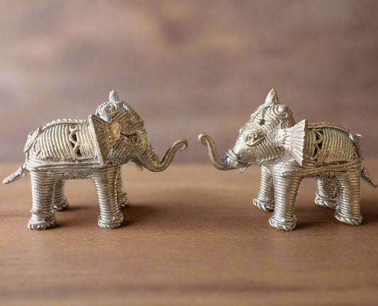 Set of two small handcrafted Dokra brass elephants from Dhenkanal, Odisha – tribal art figurines for home décor