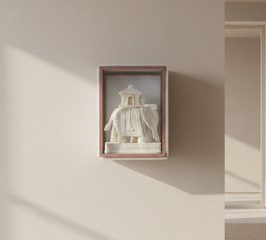 Handcrafted framed Sholapith elephant with palki traditional Bengal shola craft decor