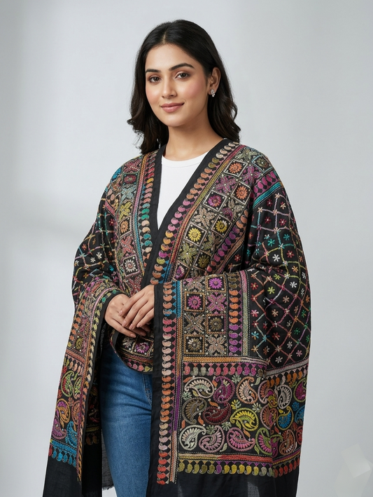 Handcrafted Multicolour Premium Kantha Stitch Stole – Black Base Ethnic Wrap