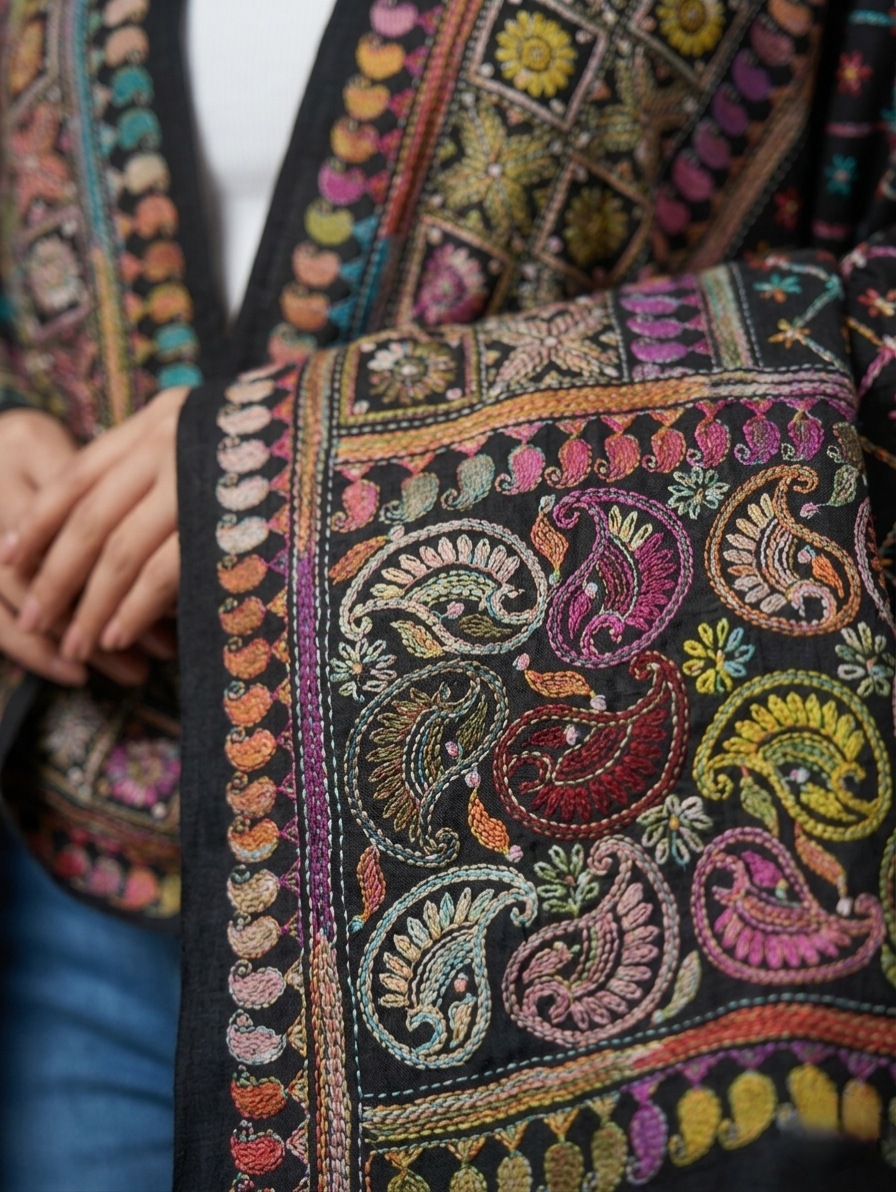 Handcrafted Multicolour Premium Kantha Stitch Stole – Black Base Ethnic Wrap