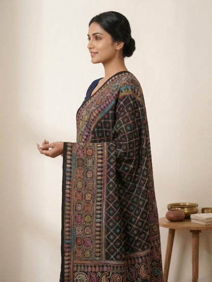 Handcrafted Multicolour Premium Kantha Stitch Stole – Black Base Ethnic Wrap