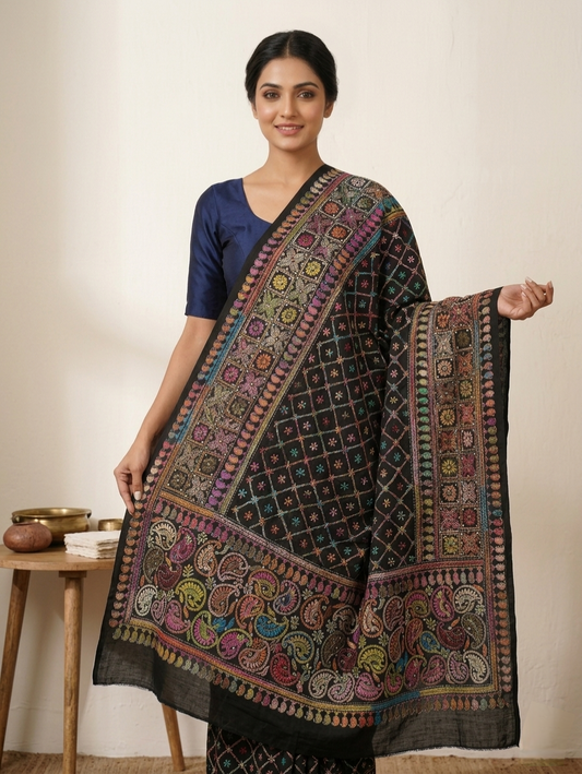 Handcrafted Multicolour Premium Kantha Stitch Stole – Black Base Ethnic Wrap