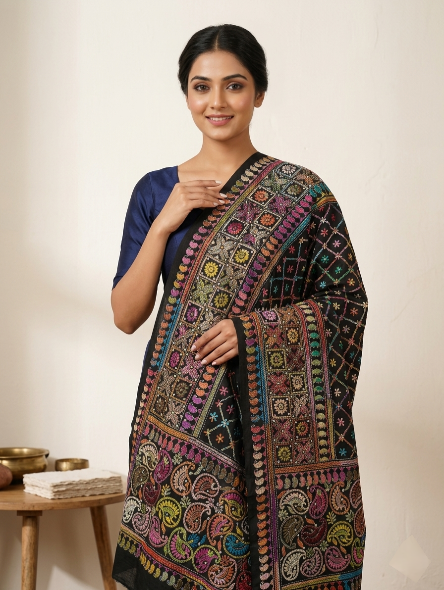 Handcrafted Multicolour Premium Kantha Stitch Stole – Black Base Ethnic Wrap