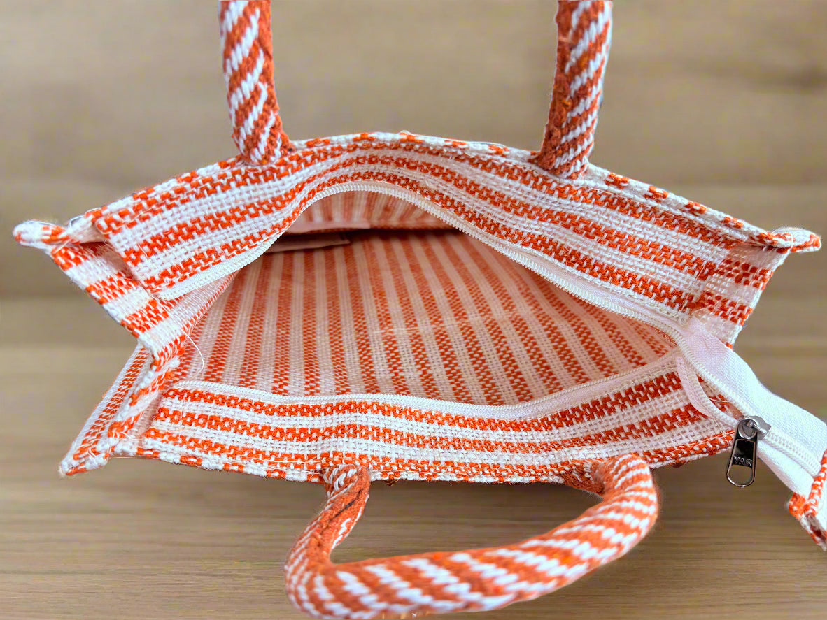 Orange Jute Multipurpose Bag with Extra Pocket – Striped Eco-Friendly Tote - ArtisanSoul