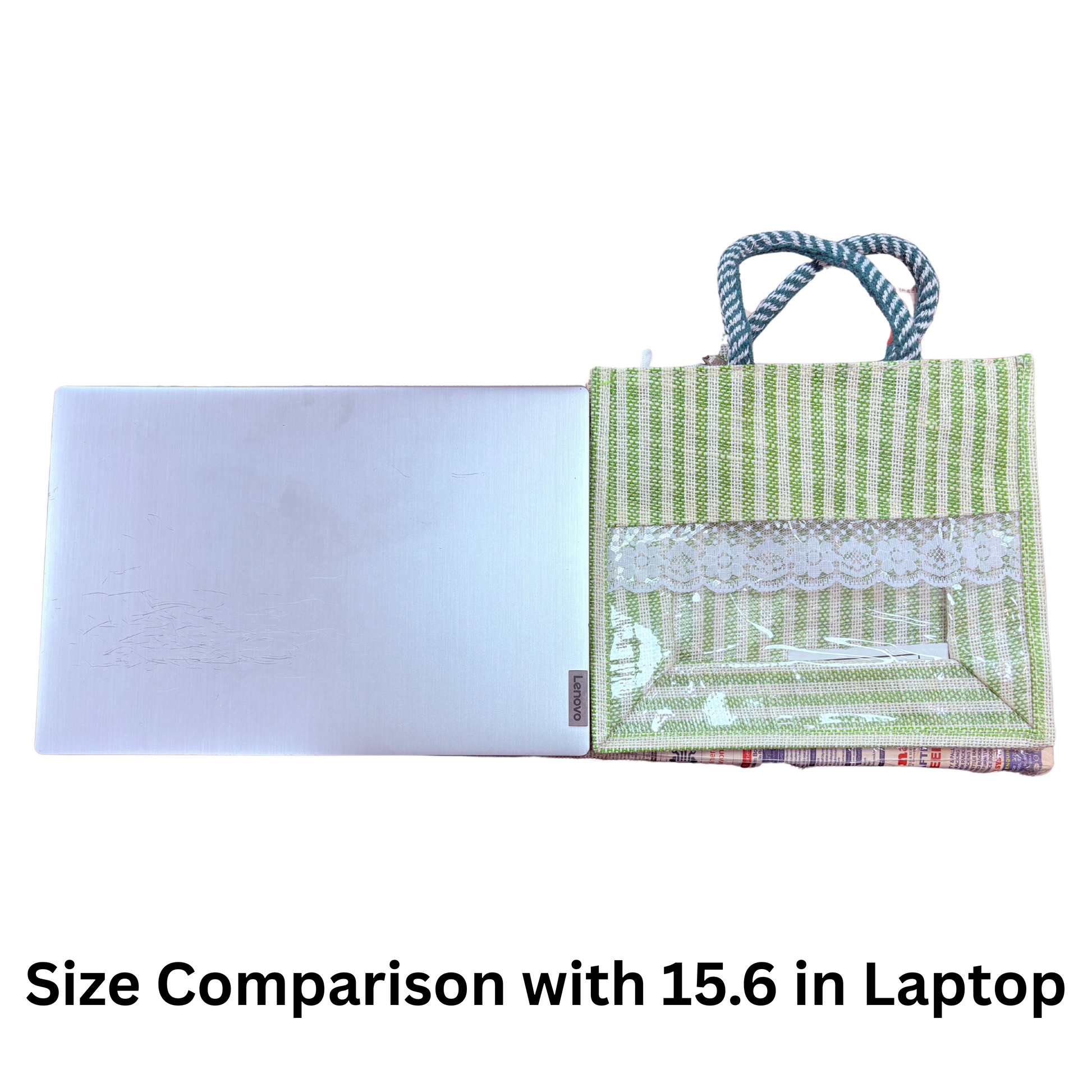 Green striped bag with white handle next to a 15.6 inch laptop on a white background