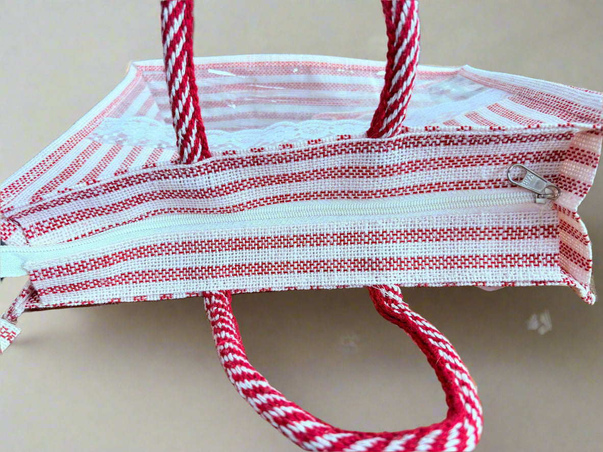 Red Jute Hamper Bag with Transparent PVC & Zipper - ArtisanSoul