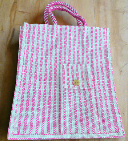 Pink Jute Multipurpose Bag with Extra Pocket – Striped Eco-Friendly Tote - ArtisanSoul