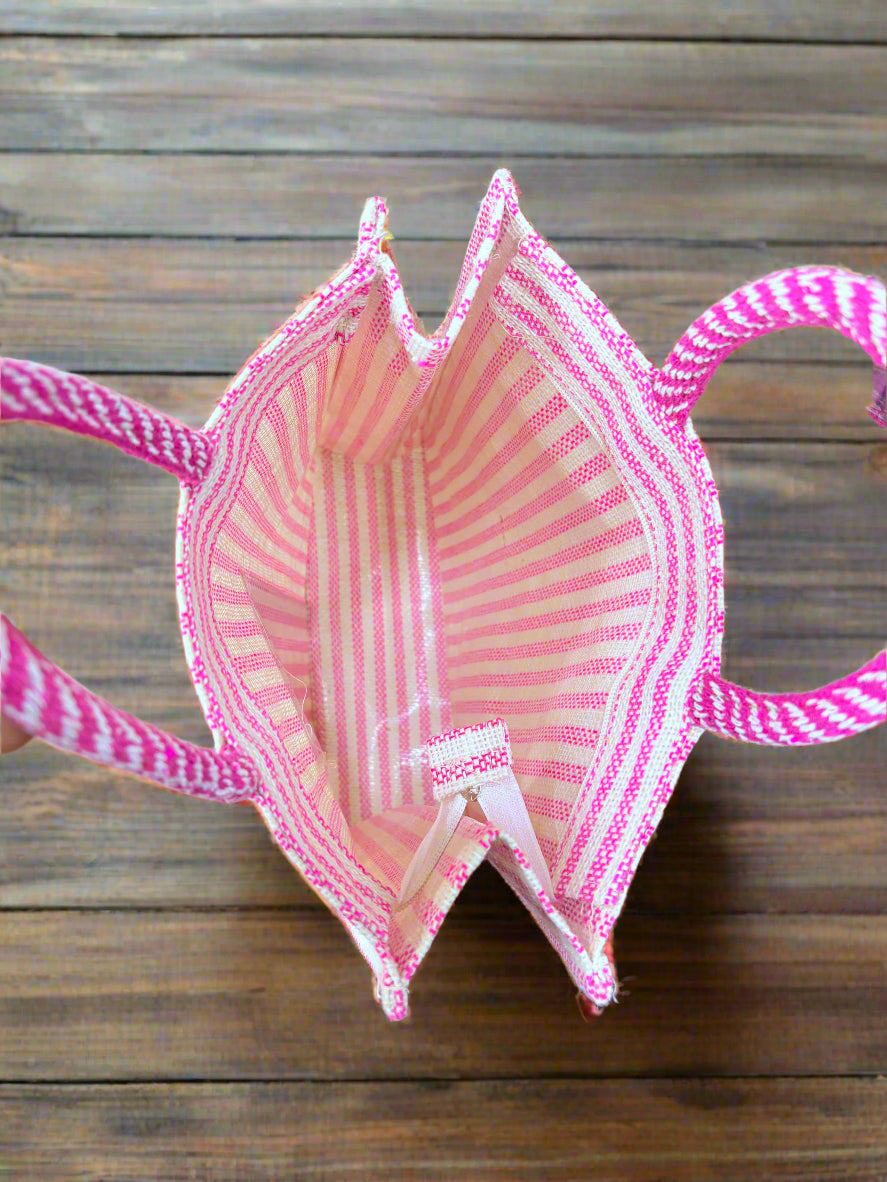 Pink Jute Multipurpose Bag with Extra Pocket – Striped Eco-Friendly Tote - ArtisanSoul