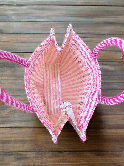 Pink Jute Multipurpose Bag with Extra Pocket – Striped Eco-Friendly Tote - ArtisanSoul