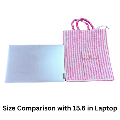 Pink Jute Multipurpose Bag with Extra Pocket – Striped Eco-Friendly Tote - ArtisanSoul