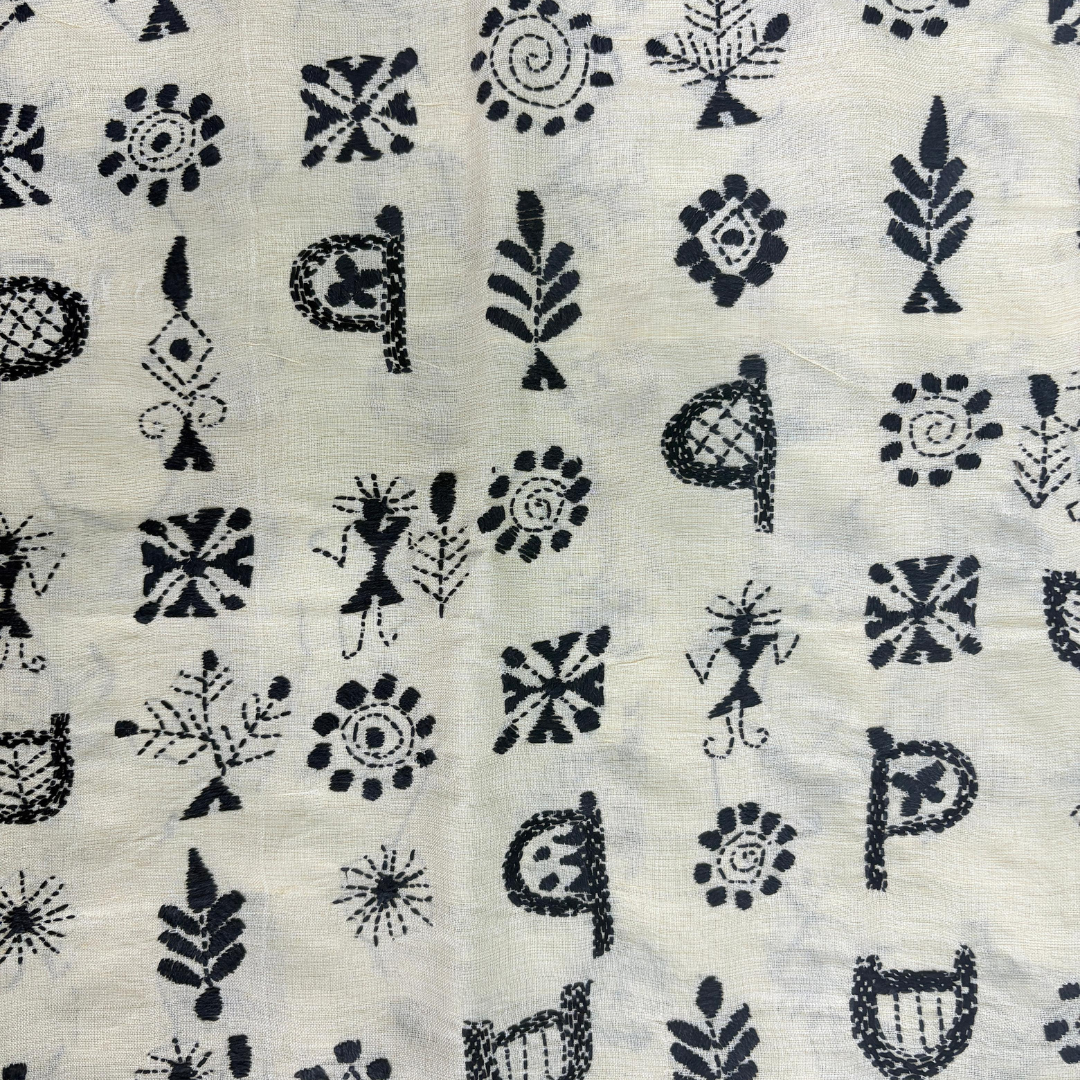 Close up of Kantha Embroidered Tussar Silk Stole in Monochrome – Handcrafted Indian Scarf for Women 
