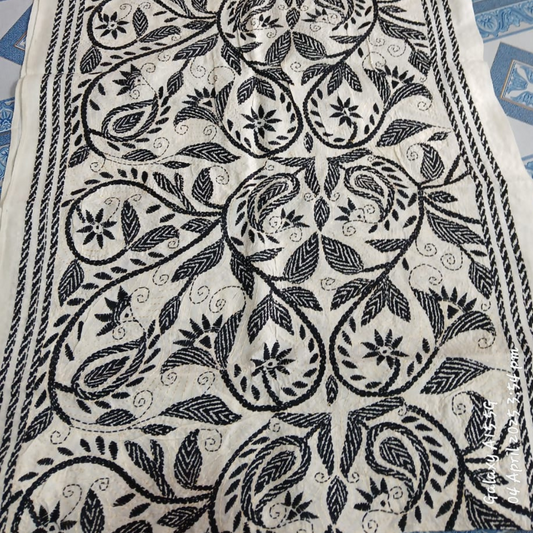 Handcrafted Kantha stitched stole made from Tussar silk, featuring intricate traditional Indian embroidery in elegant ethnic design.