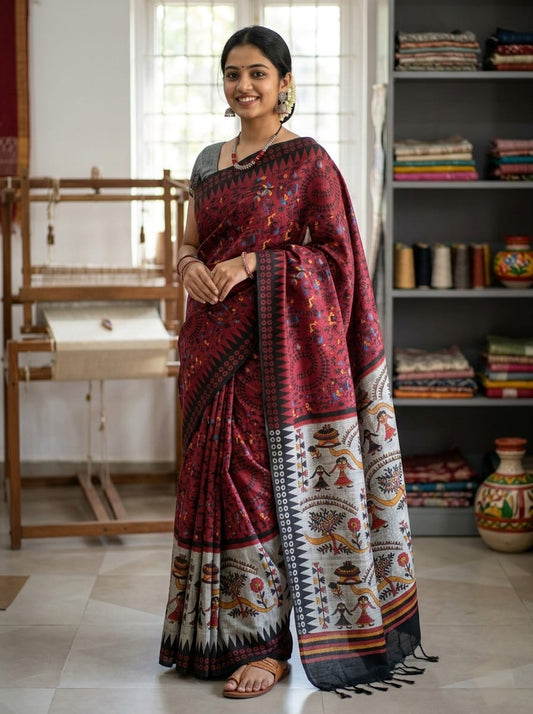 Maroon Madhubani Print Saree with Cream Artistic Pallu