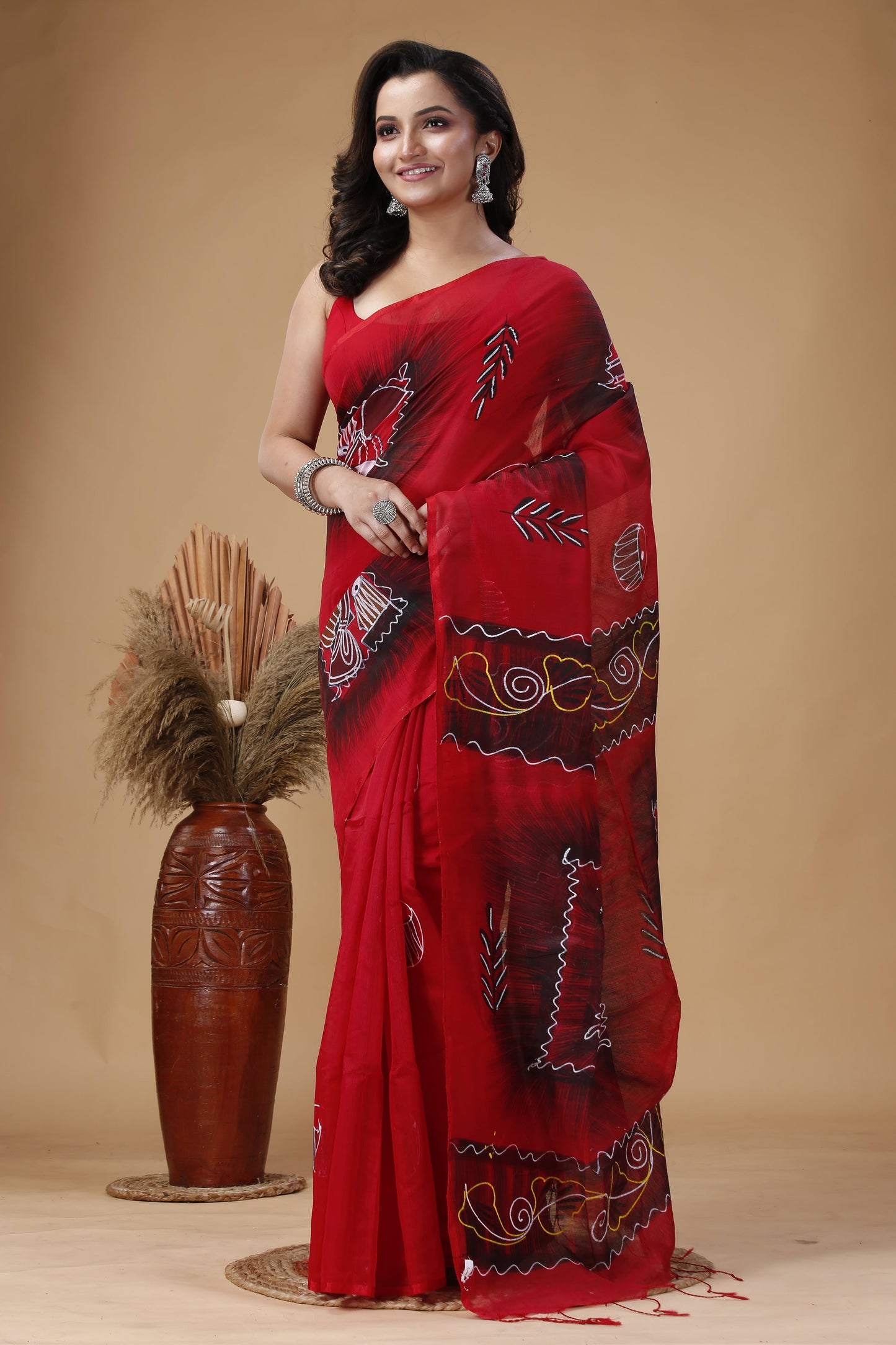 Handwoven Nadia Red silk cotton saree – lightweight traditional Indian saree for festive and formal occasions