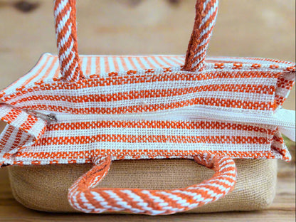 Orange Jute Multipurpose Bag with Extra Pocket – Striped Eco-Friendly Tote - ArtisanSoul