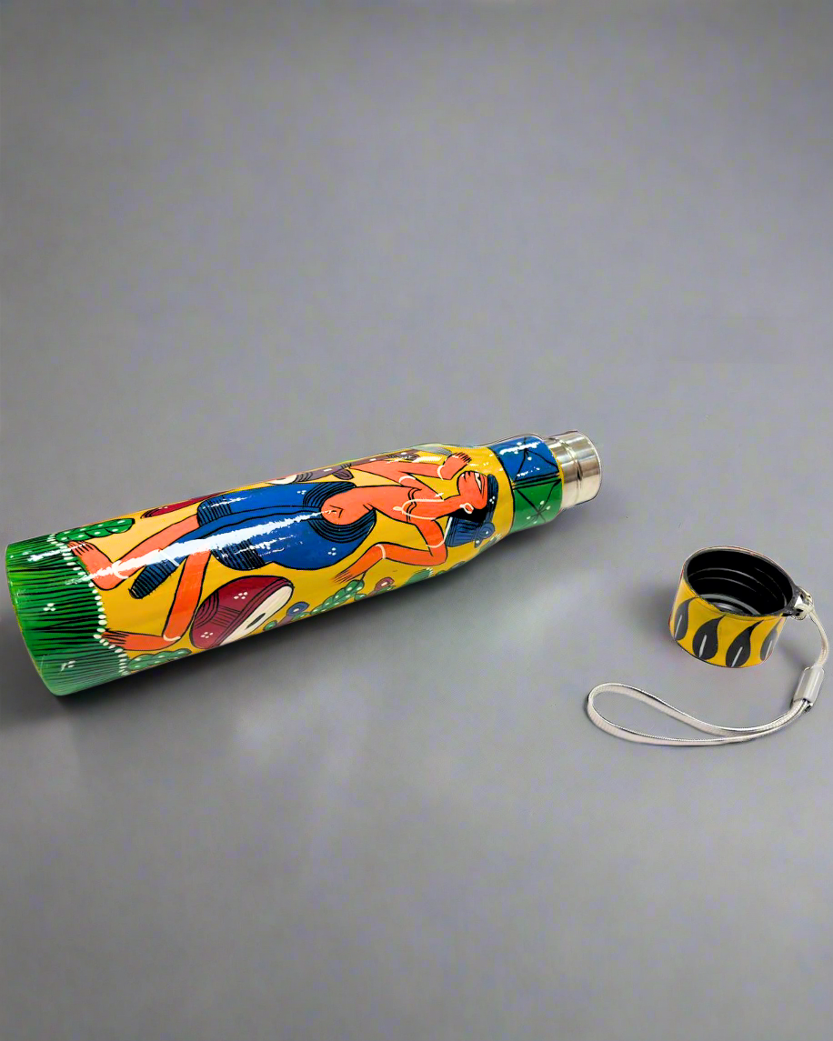 Pattachitra handpainted 1 litre steel water bottle from Bengal, eco-friendly sustainable artware