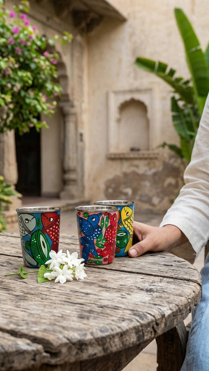 Hand painted Pattachitra fish design steel glass for kids colorful traditional Indian art tumbler
