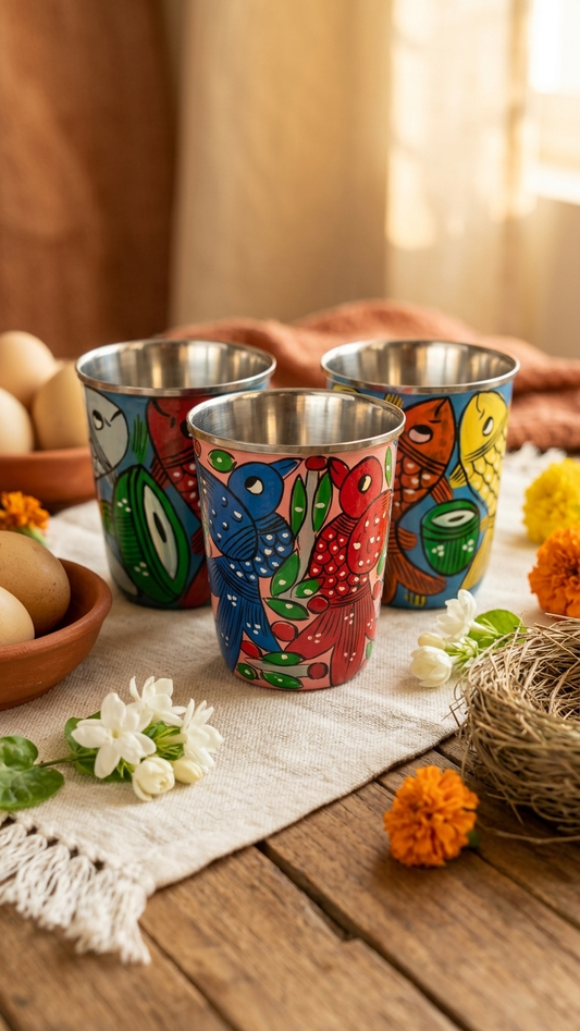 Hand painted Pattachitra fish design steel glass for kids colorful traditional Indian art tumbler