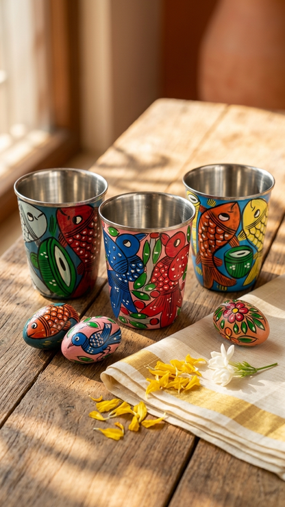 Hand painted Pattachitra fish design steel glass for kids colorful traditional Indian art tumbler