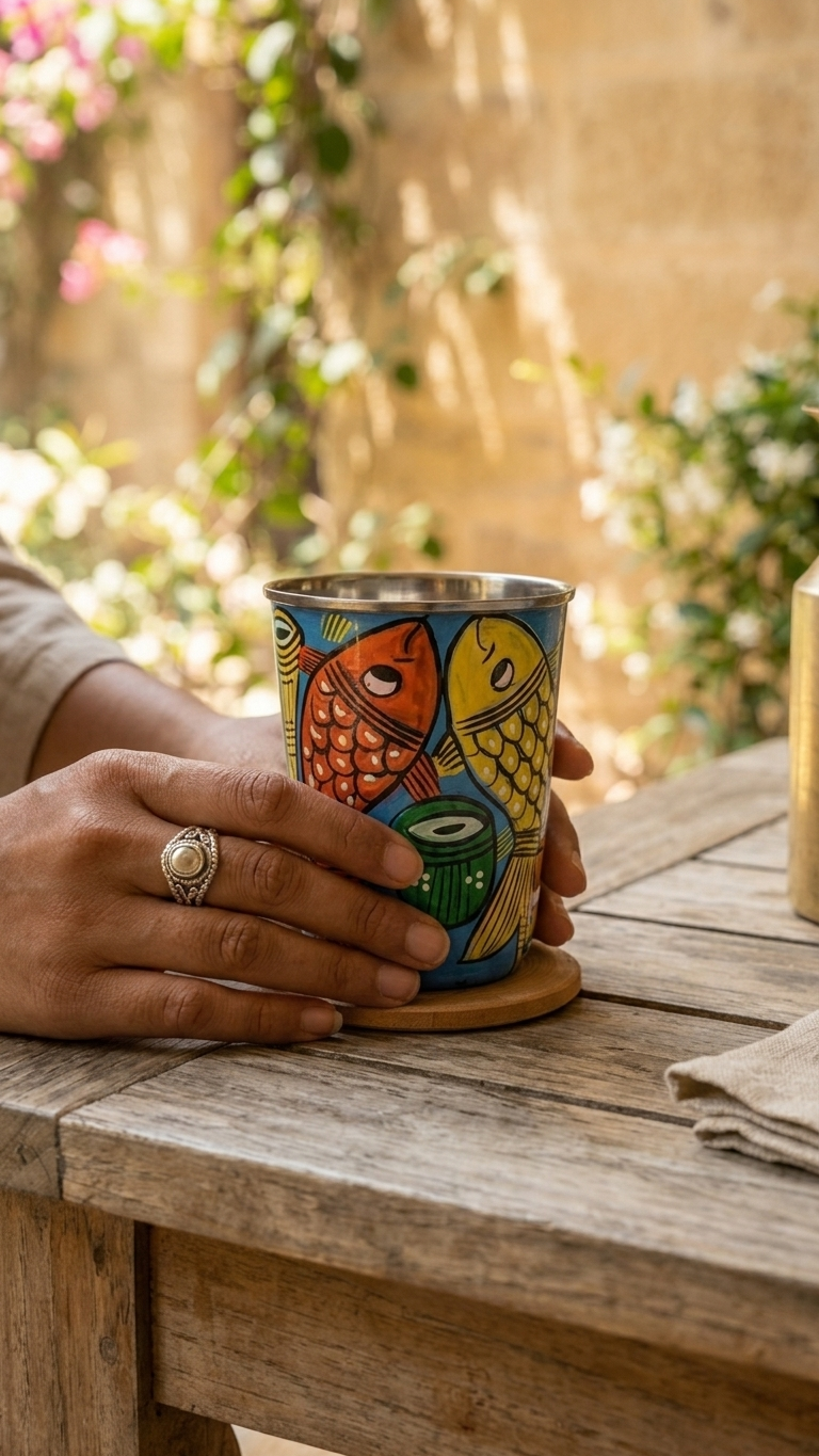 Hand painted Pattachitra fish design steel glass for kids colorful traditional Indian art tumbler